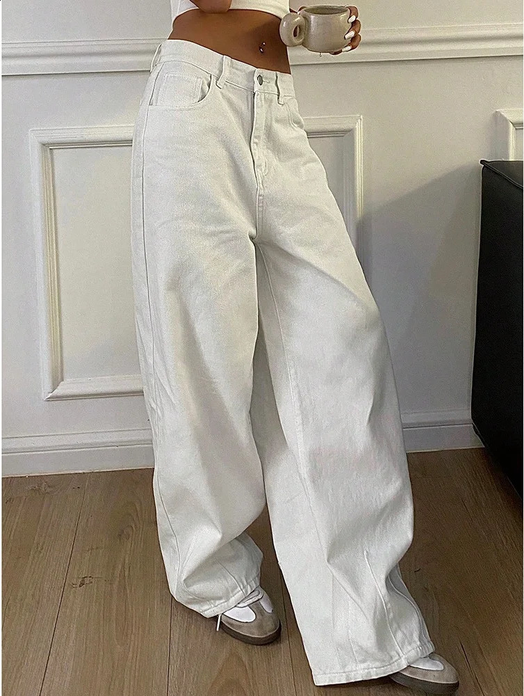 2025 Loose Jeans Fashion Women High Waist Pocket White Solid Retro Wide Leg Denim Pants Casual Office Lady Commute Trousers Z260313