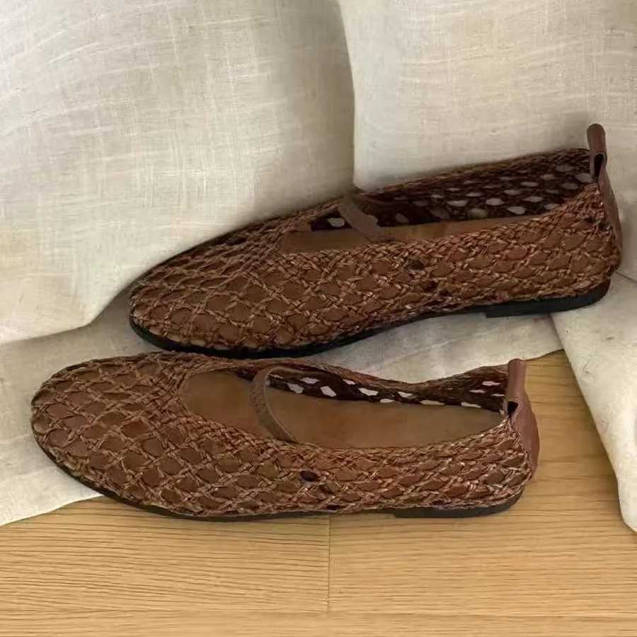 Womens French Woven Hollow Fishnet Loafers Mary Jane Summer Luxury Designer Athletic Y2k Low Heel Round Toe Flats Sandals Shoes W250918