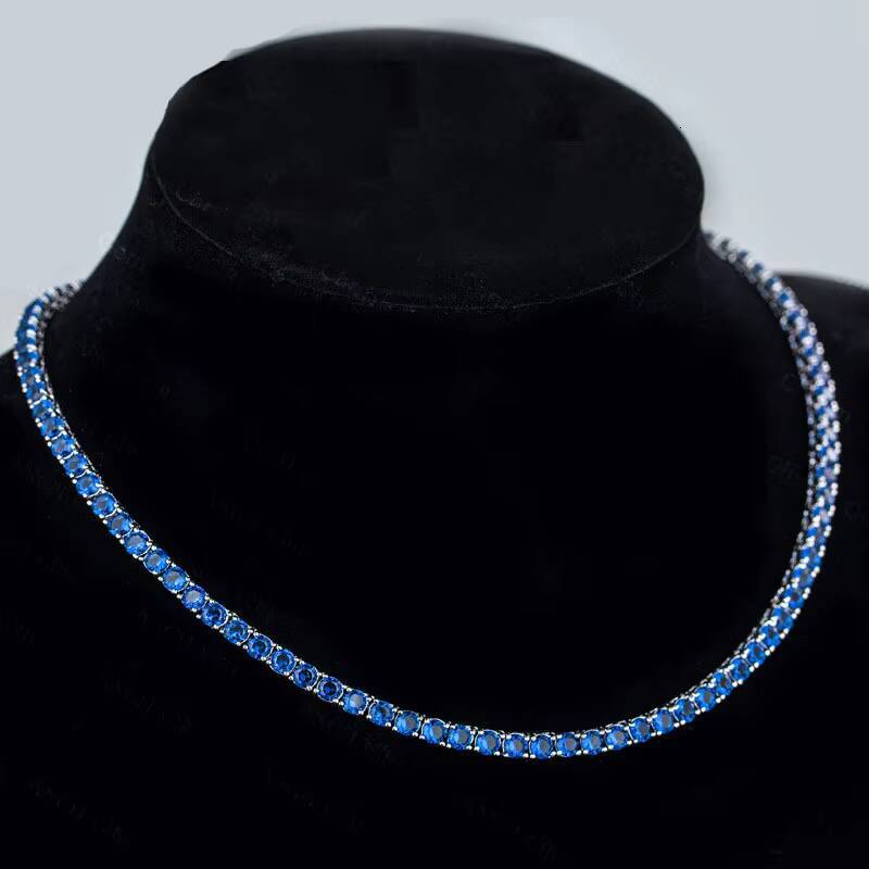 4mm18inch 4 Prong Blue Moissanite Hiphop Tennis Chain Necklace