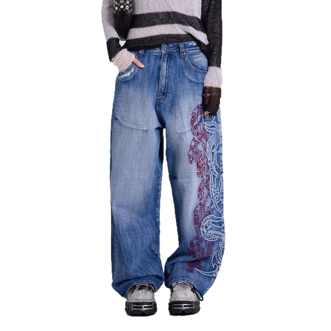 Y2K Embroidery Design Sense Jeans Washed Street Style Hot women and man Wide Leg Pants Loose Long Pants Trendy
