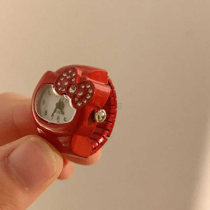 2pcs Sanrio wholesale Kawaii Hello Kitty Watch Ring Cute Kt Cat Bow Rhinestone Clock Ring Watch Girls Ornaments Children Toys Gifts L250918