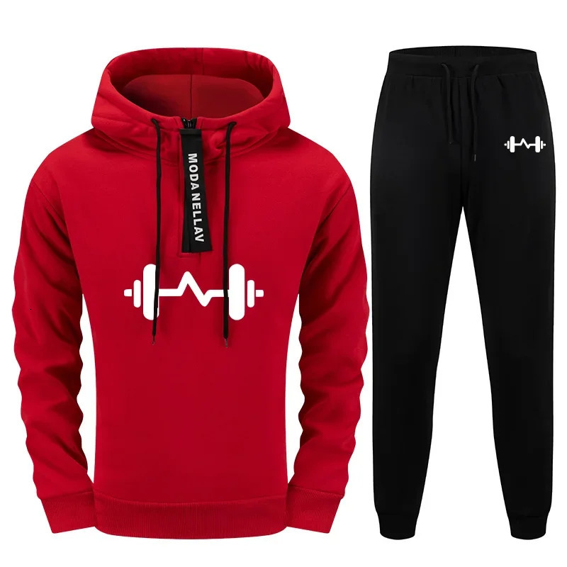2025 Essential Men Tracksuit Set Urban Streetwear 2 Pieces Half Zip Hoodie with Sweatpants Autumn Winter Sporty Fitness Outfits 250917
