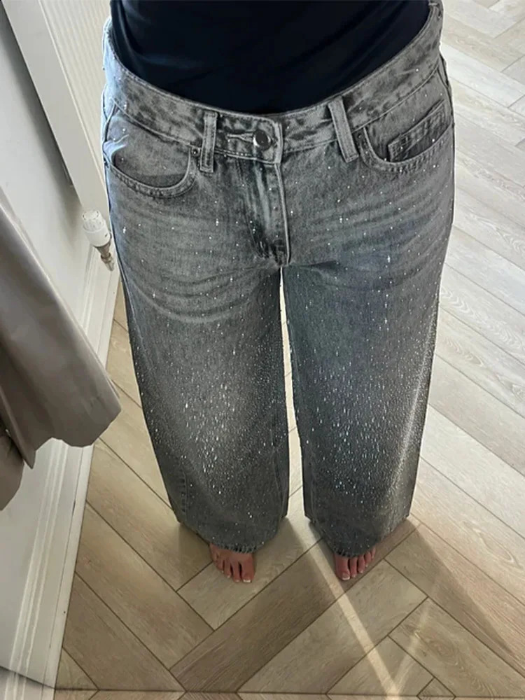 Womens Sparkling Denim Jeans Pant With Rhinestones High Waist Straight Leg Pants Trendy Streetwear Casual Daily Trousers Z260313