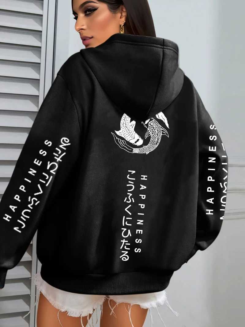 Two Koi Carps Of Happiness Printing Hoodie Women Street AllMatch Y2K Hoody Fleece Loose Hoodies Pocket Autumn PulloversZ250918