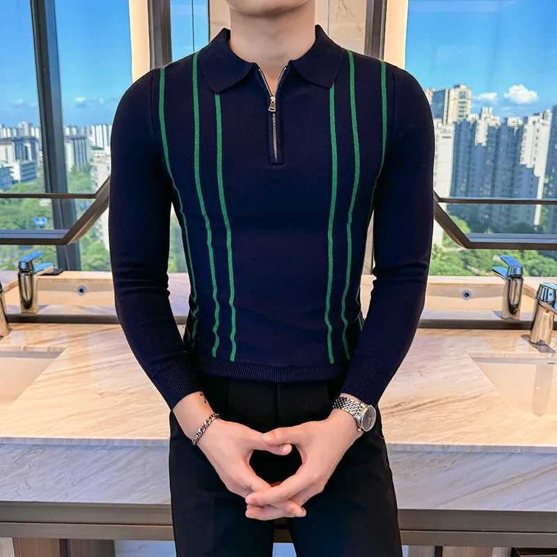 2024 Autumn Winter New Striped Sweater For Men Fashion Zipper Flip Collar Knitted Polo Shirt Mens Long Sleeve Slim Casual PullZ250918