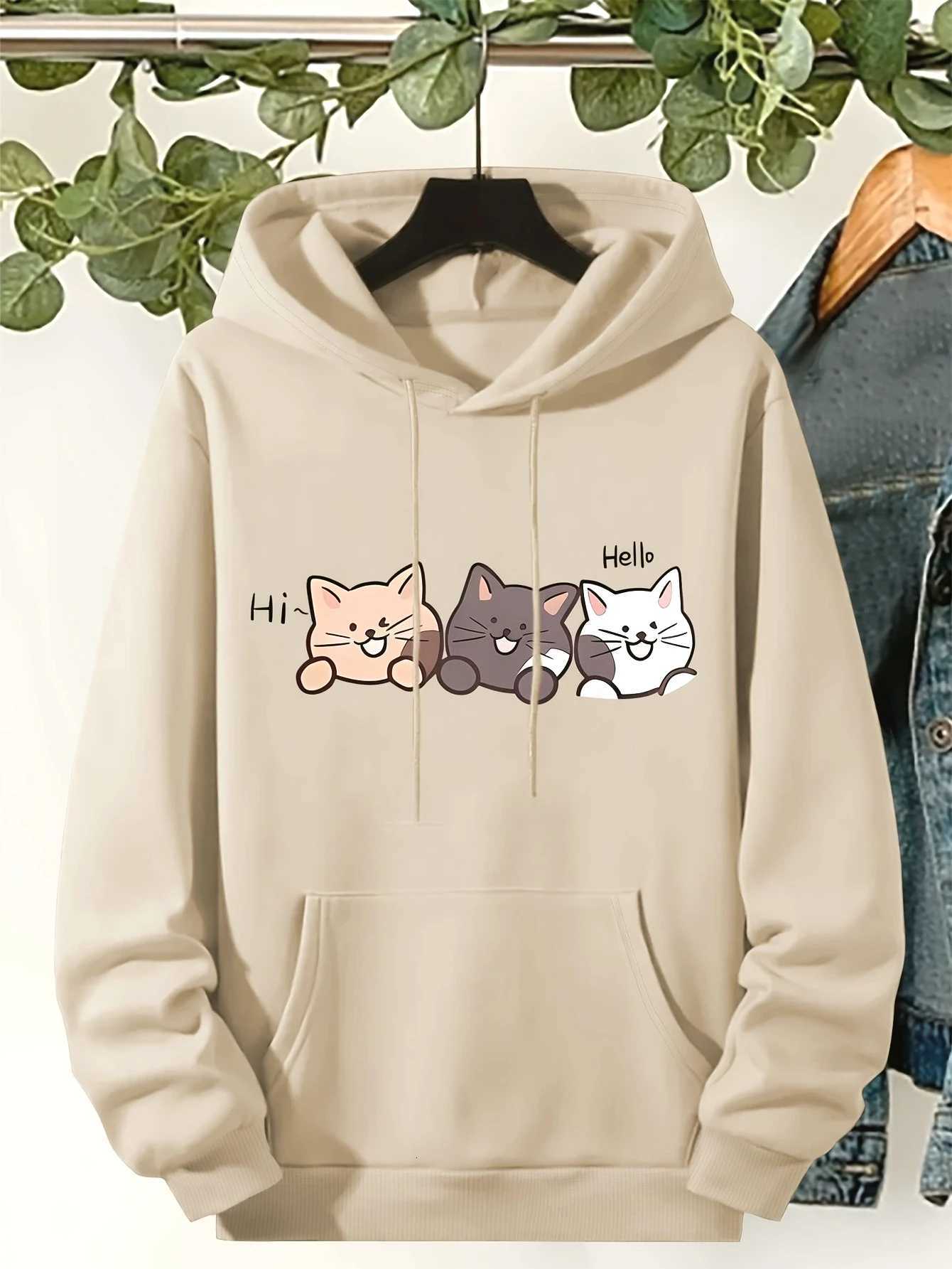 Cute Three Kittens Printed Hoodie 2025 Autumn Winter New Womens Round Neck Top Hoodie Womens Sweatshirt Casual ClothingZ250918