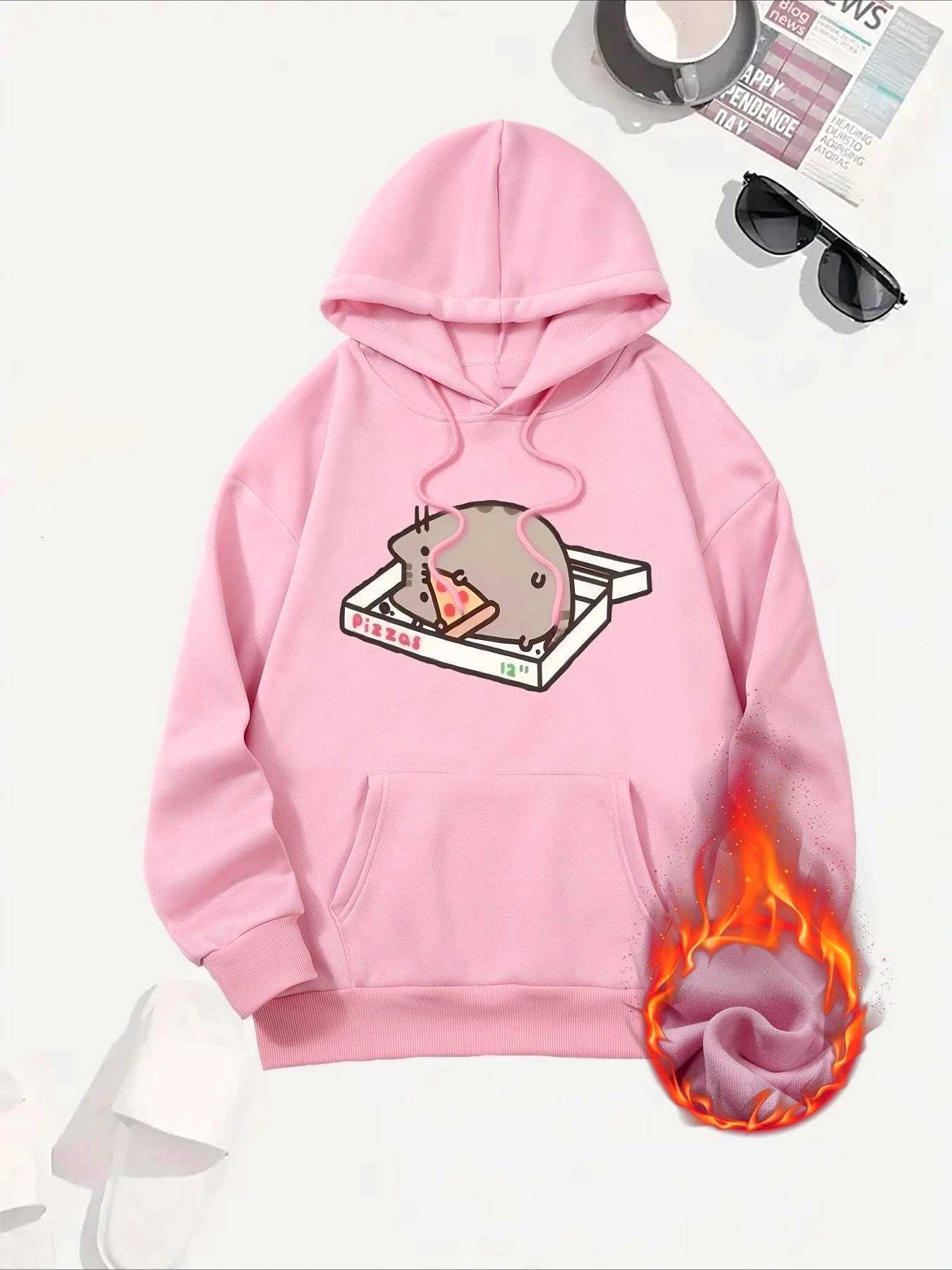 Cat and Pizza Cartoon Print 2025 Autumn Winter Womens Hoodie Top Round Neck Long Sleeve New Womens Sweatshirt ClothingZ250918