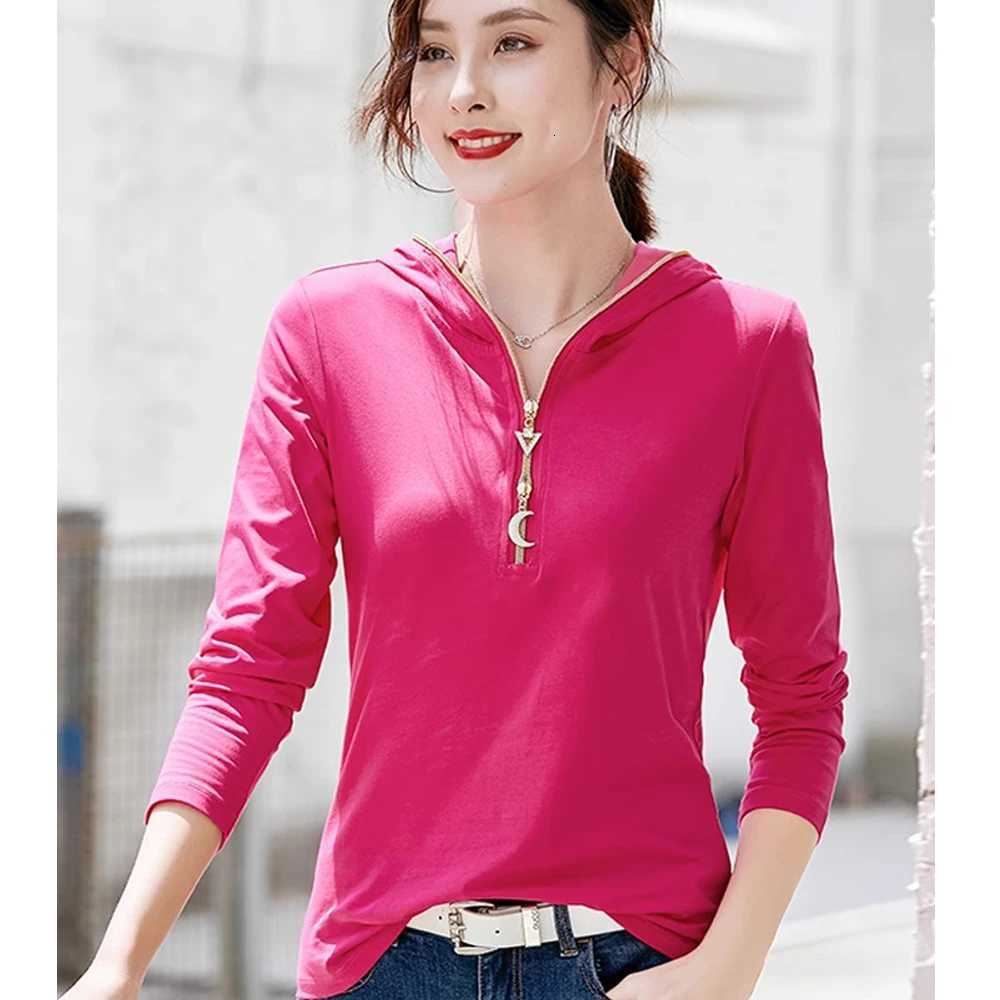 Womens 2024 new spring and autumn long sleeved hooded rose red top womens plus size tshirt thin cut hooded zip chain trendyZ250918