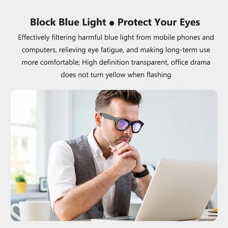 AI Translation Glasses with Camera Smart Glasses with Earbuds Music Control Open Ear Speaker Wide Angle Photography for Outdoor Cycling Meeting Travel