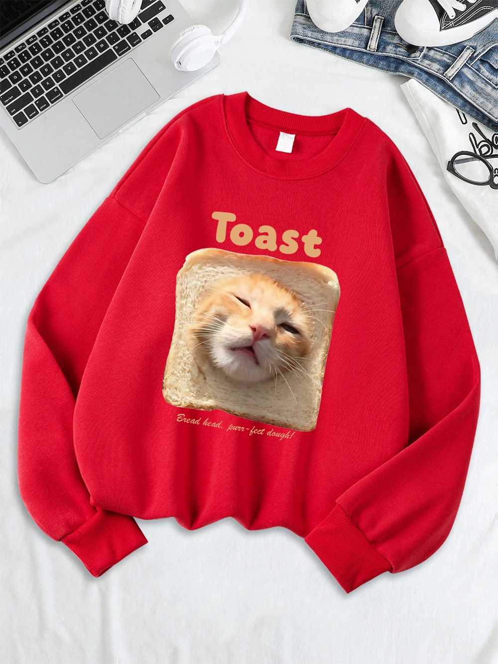 Toast Cat Funny Printing Sweatshirts Womens Winter Hoodie Casual Crewneck Pullover Warm Comfortable Women ClothesZ250918