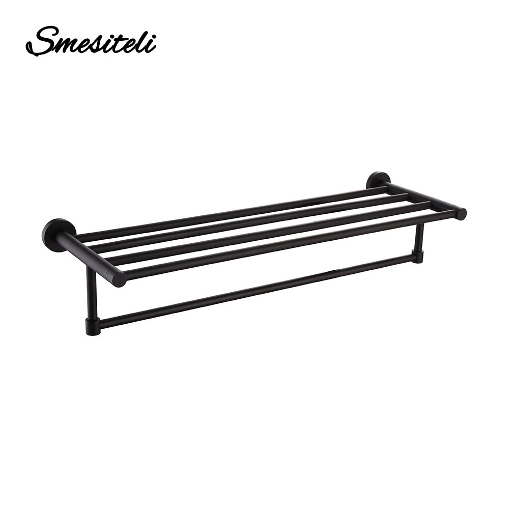 Black Stainless Steel Towel Rack - 55CM Wall Mounted Bathroom Towel Bar with Shelf, Hardware Holder for Bathroom/Kitchen, Easy Install with Screws
