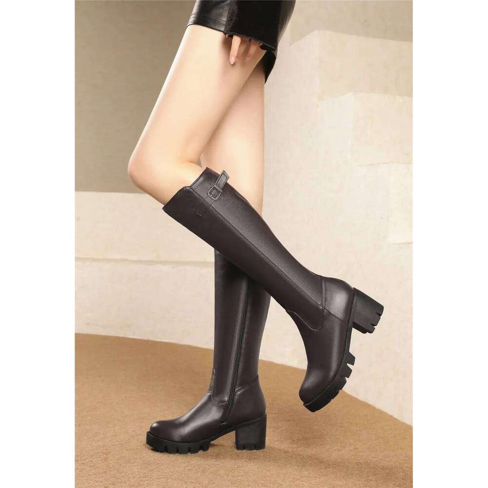 Casual Platform Snow Buckle Women Knee High Boots Warm Fur Winter Riding Boot Female Black Brown Shoes Large Size 45