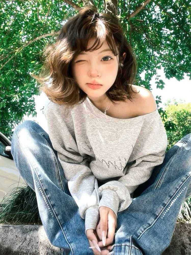 Y2k Sweatshirts Women Off Shoulder Loose Casual American Vintage High Street Aesthetic Streetwear Spring Autumn Daily HoodieZ250918