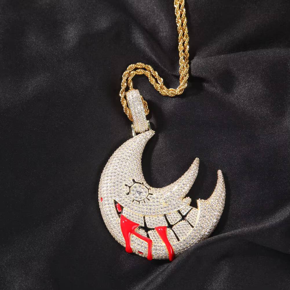 Hip Hop Iced Out Funny Moon Pendant with 3mm 24 Inches Rope Chain for Women Men Jewelry Necklace Trippie Redd Same Style