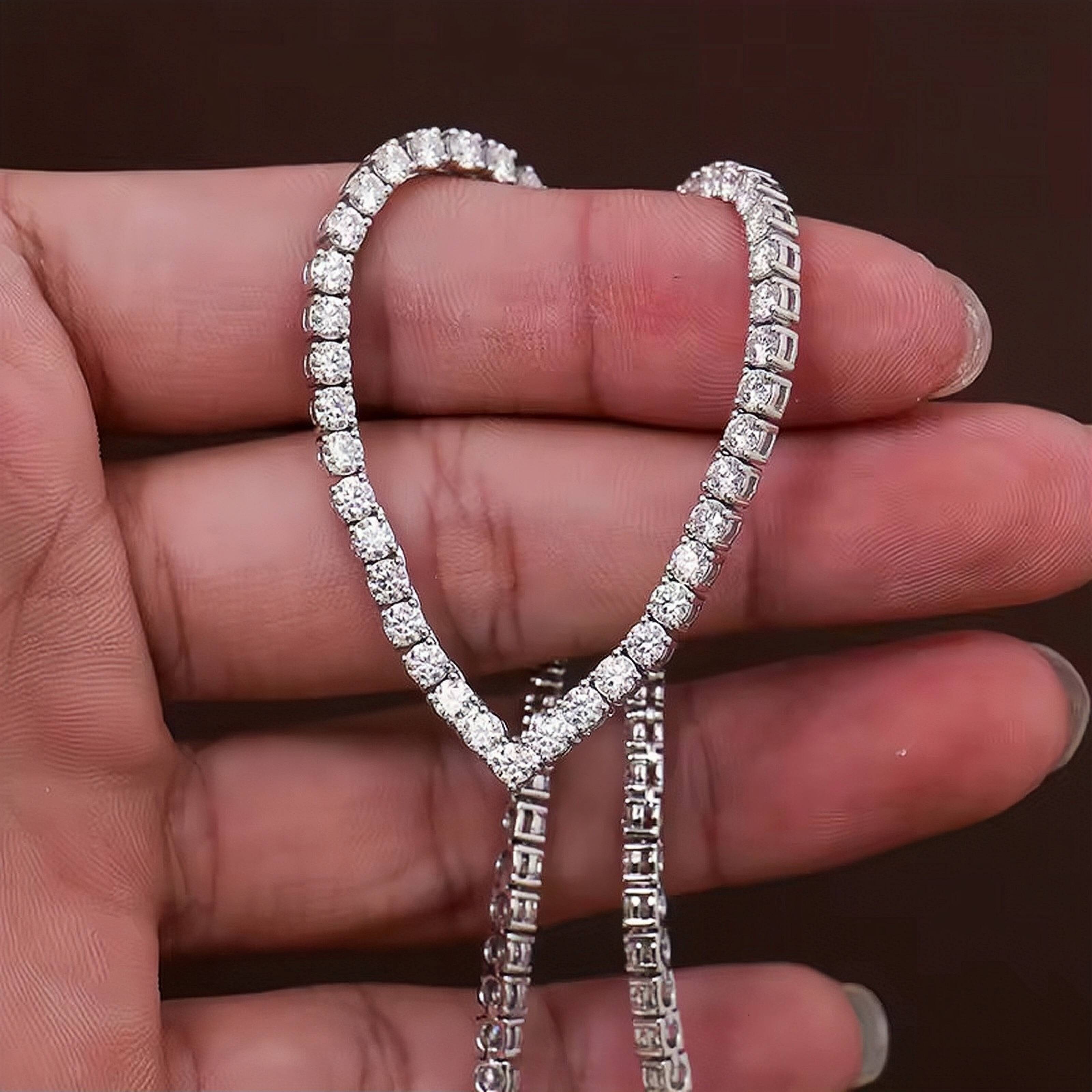 Silver 925 Original 1424 Inches Brilliant Cut Diamond Test Past D Color Moissanite V Tennis Necklace for Women Fine Jewelry