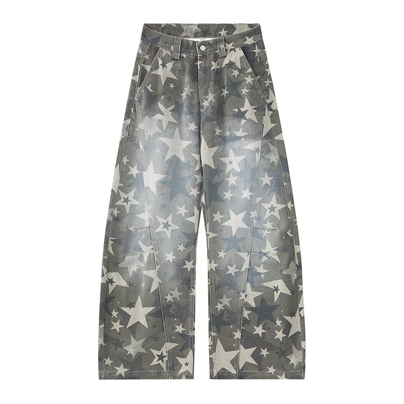 Men's Jeans Men's Autumn Star Print Cargo Jeans - Retro High - Street Design, Loose Sickle - Shaped Wide - Leg Pants-D6012