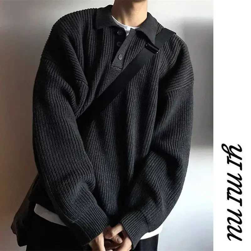 Autumn Winter Polo Neck Sweater Men Loose Retro Casual Turndown Collar Knitwear Korean High Street Versatile Sweater HarajukuZ250918