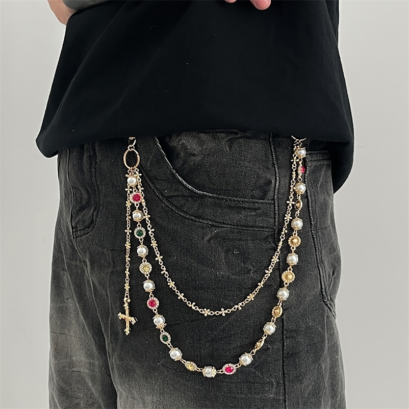 Salircon Exquisite Cross Pendant Imitation Pearl Keychain Belt Chain Men Women Punk Trousers Jeans Chain HipHop Jewelry 250917