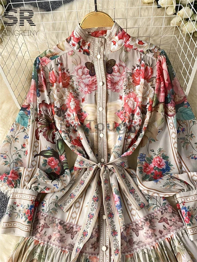 France Fashion Vintage Senior Print Dress Women Lantern Sleeve Single Breasted Ladies Clothes Elegant Lace Up n Dress 250917