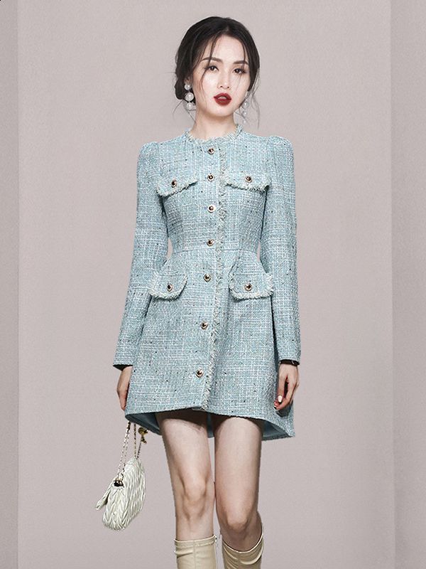 Womens Autumn and Winter Pullover Round Neck Panel Button Solid Color Slimming Mid Length Flower Tweed Long Sleeved Dress 240824