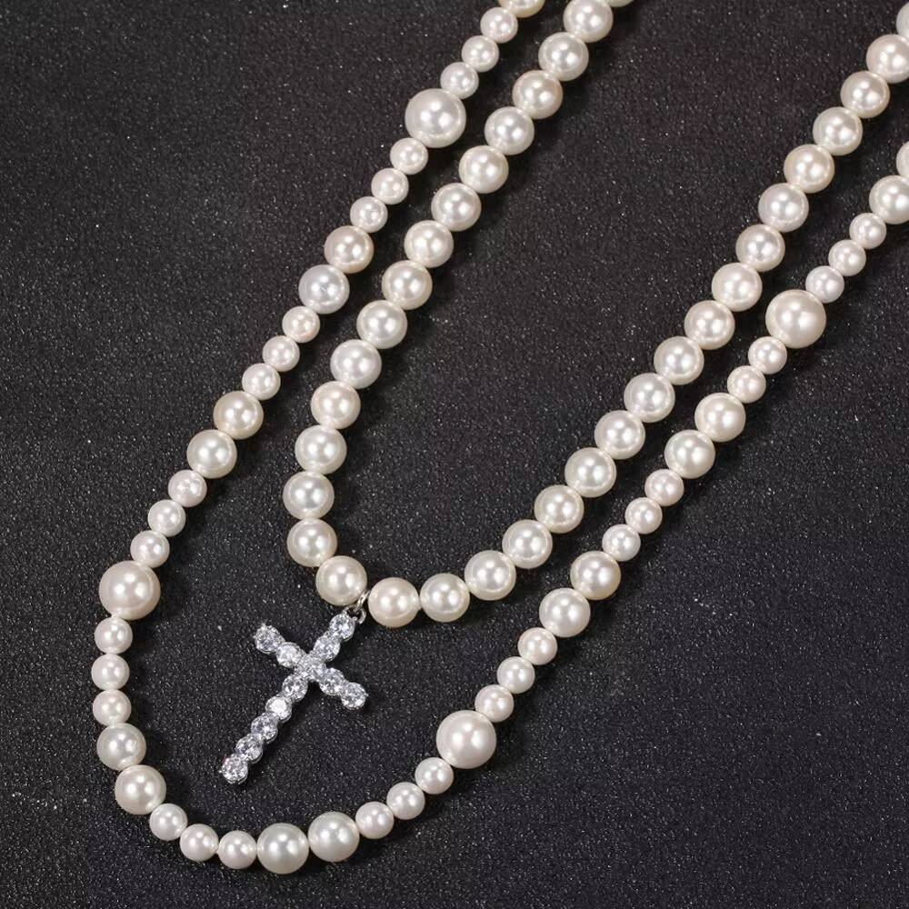 Top Fashion Hiphop Double Layer Pearl Necklace With Cross Pendant for Men