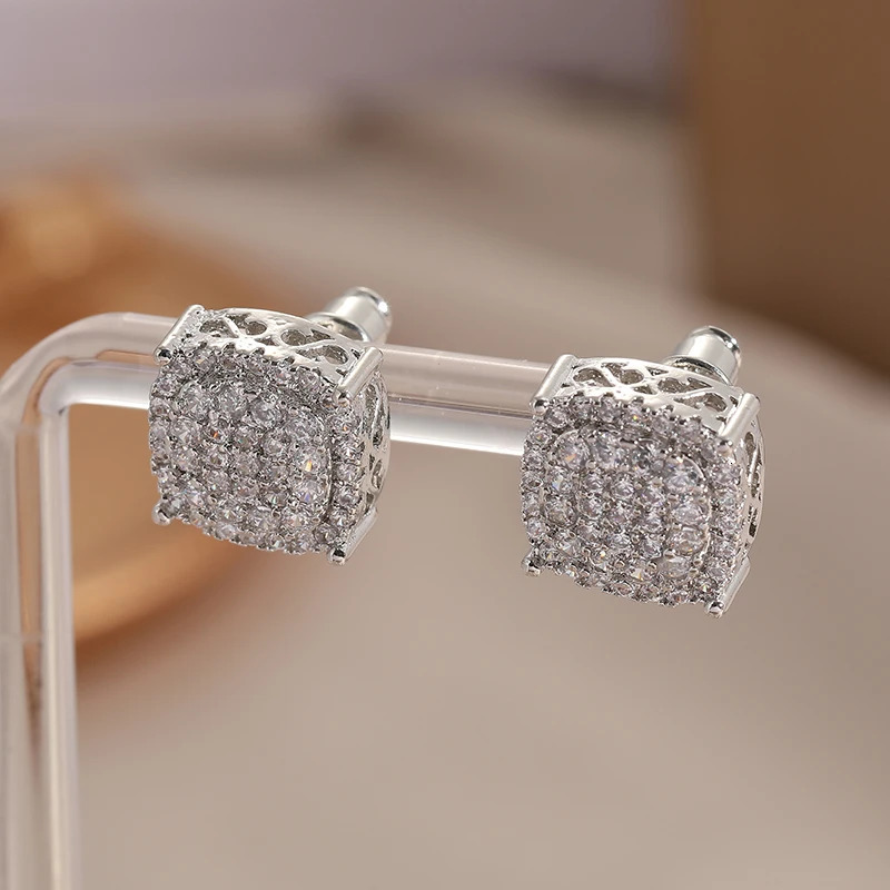 Silver Color Square Inlaid Cubic Zirconia Stud Earrings for Women Fashion Engagement Wedding Earrings Jewelry 250917 - view 4