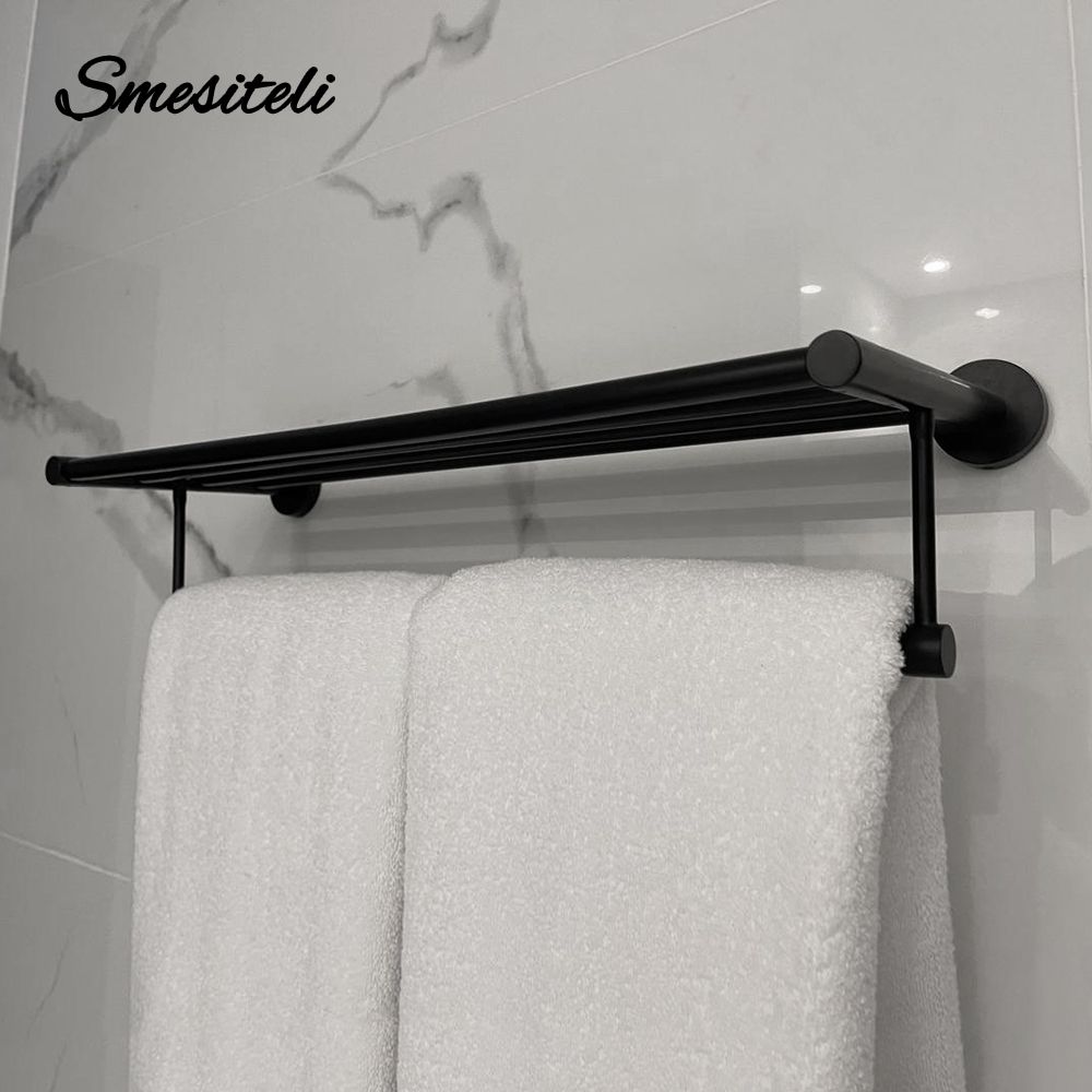 Black Stainless Steel Towel Rack - 55CM Wall Mounted Bathroom Towel Bar with Shelf, Hardware Holder for Bathroom/Kitchen, Easy Install with Screws