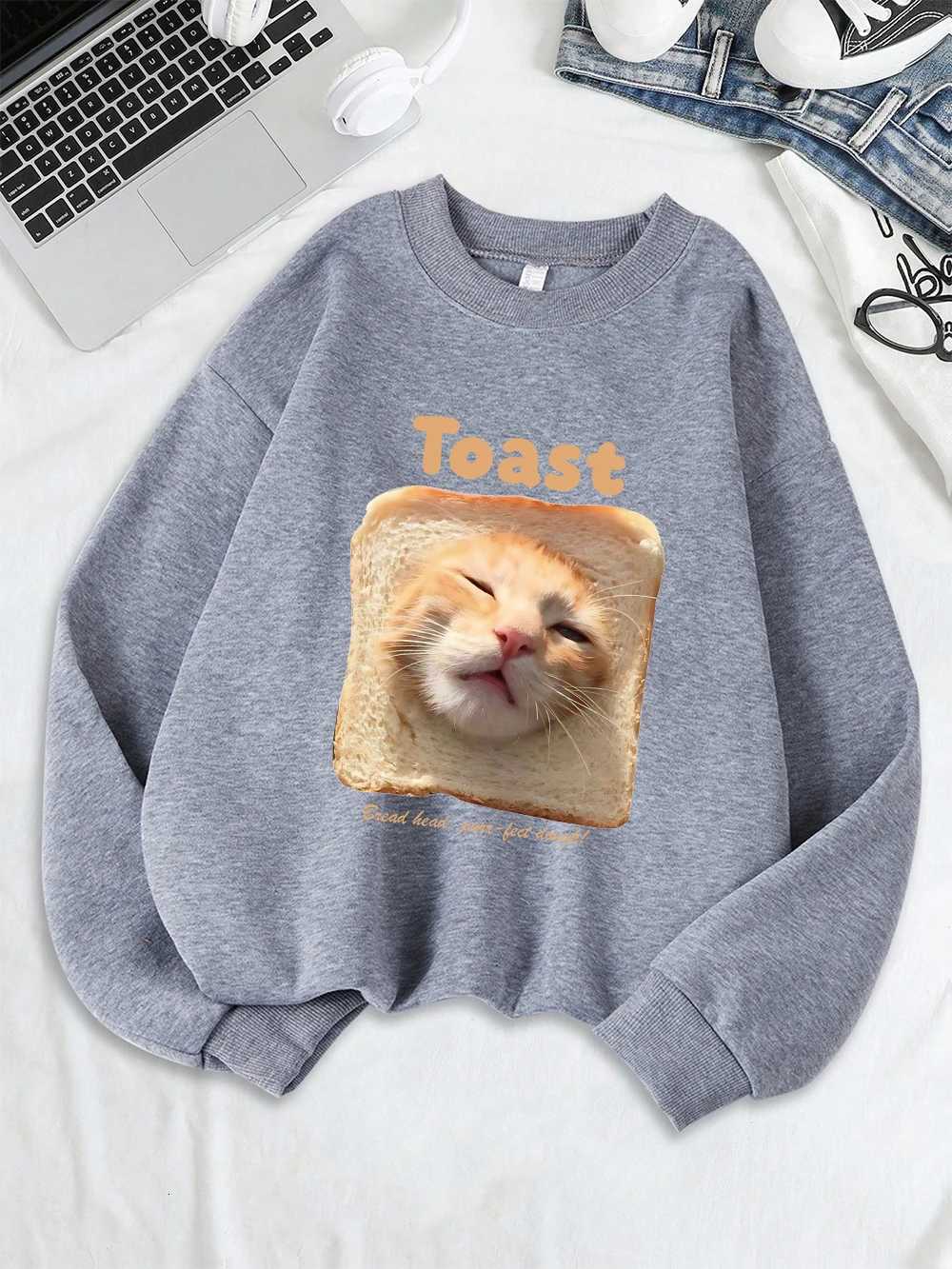 Toast Cat Funny Printing Sweatshirts Womens Winter Hoodie Casual Crewneck Pullover Warm Comfortable Women ClothesZ250918