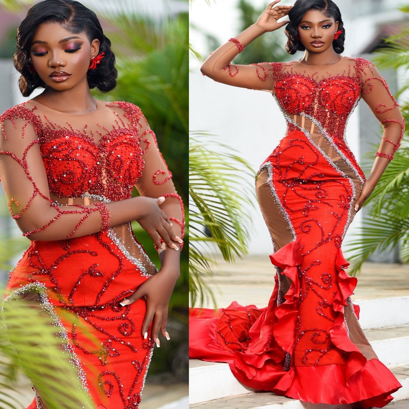 Mermaid Red Prom Dresses 2025 Sheer Neck Beaded Crystals Illusion Satin Evening Formal Party Second Birthday Engagement Gowns Plus Size Dress For Spec