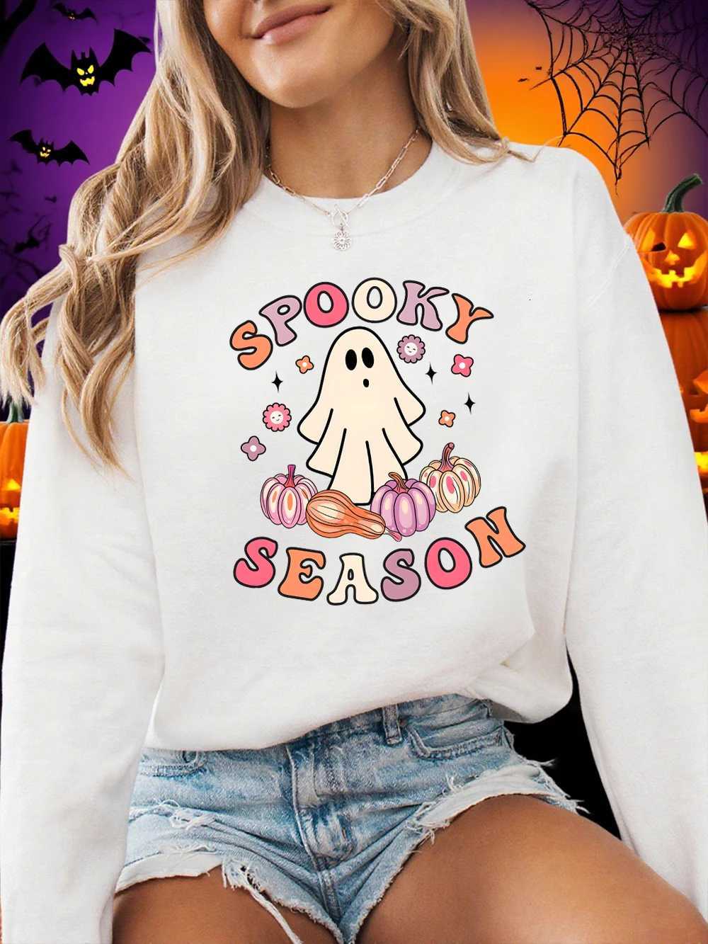 Spooky Season Sweatshirt Ghost Prints Halloween Women Winter Fleece Hoodie Crewneck Loose Pullover Casual Soft Woman ClothesZ250918