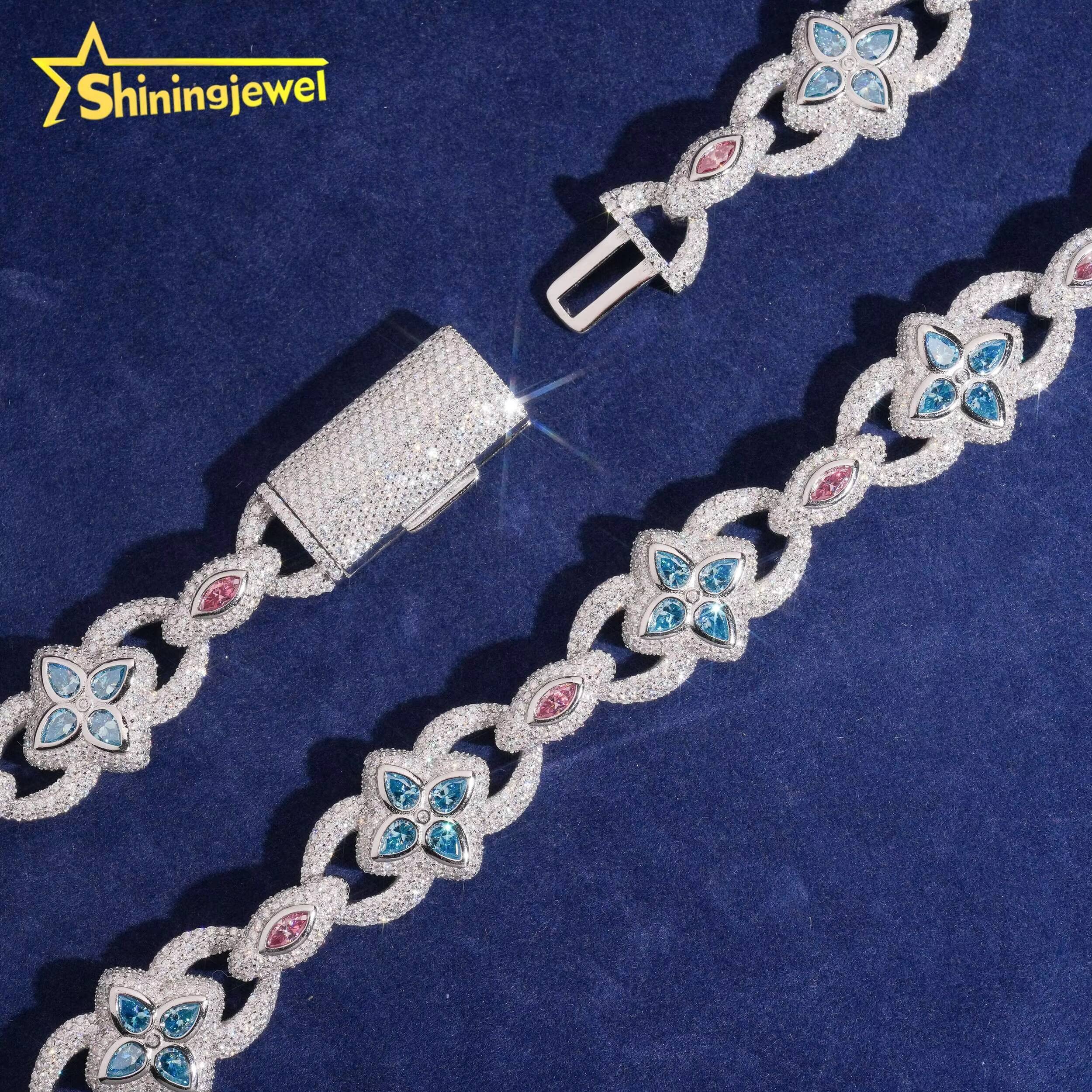 Fashion 20mm Blue VVS Moissanite Necklace 925 Silver Hip Hop Jewelry Iced Out Diamond Pink Marquise Cuban Link Chain Bracelet