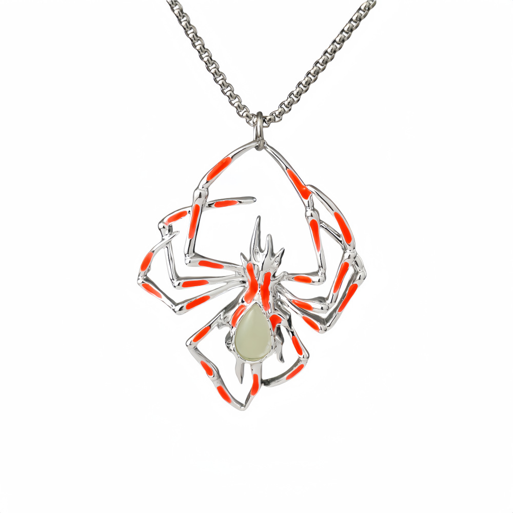 Halloween European and American creative three-dimensional luminous spider necklace, fashionable men's hip-hop alloy luminous insect pendant
