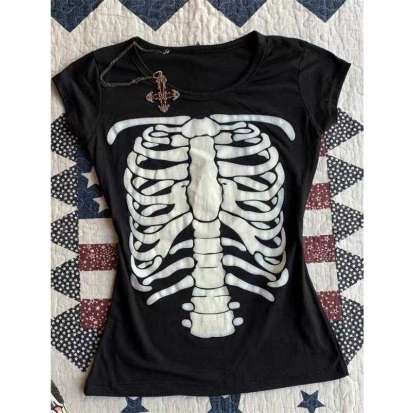 Punk Vintage 2000s Streetwear T shirts Women Clothes Gothic Slim Skulls Print Femme Tshirt Short sleeve Kpop Aesthetic Crop Tops 250918