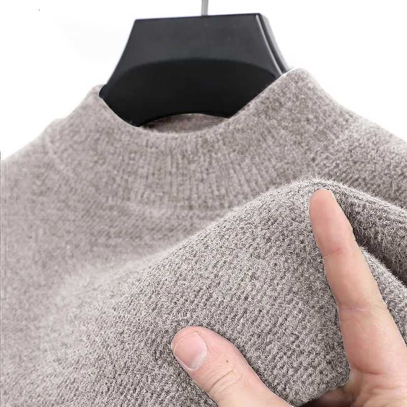 Winter Korean Version with Plush Mens Sweater Semi High Neck Solid Color Simple Knit Sweater Thick and Warm Mens TopZ250918