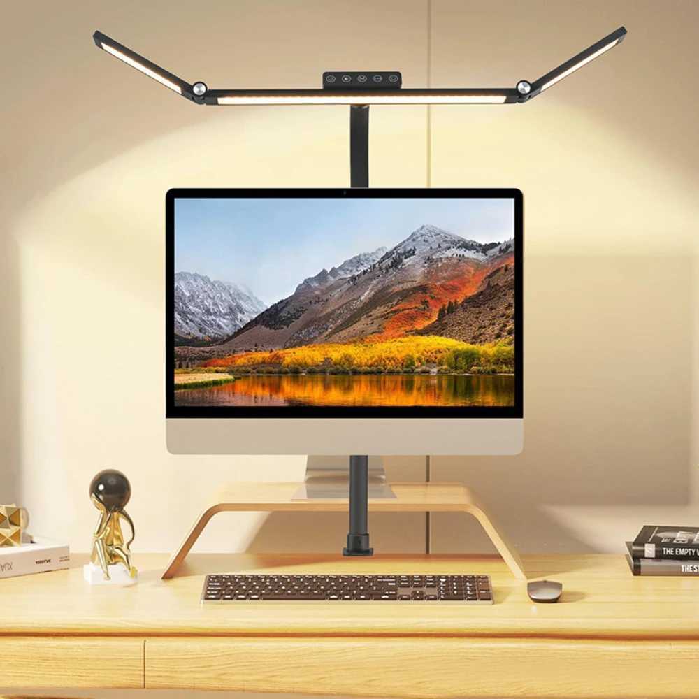 Home Office LED Desk Lamp Double Head Stepless Dimming EyeCaring Reading Lights 3 Color Mode Flexible Adjustable PC Table Lamps C251115