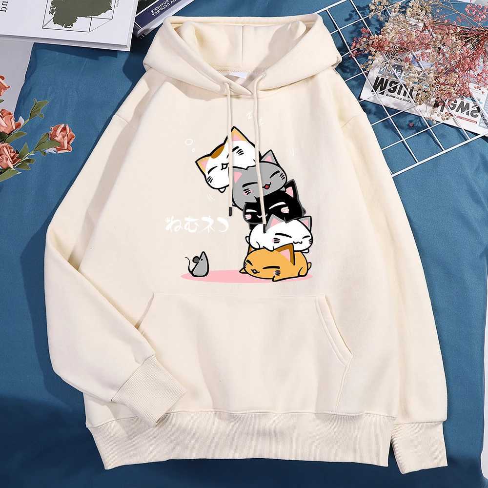 Cute Layered Cat Cant See The When SLeeping Hoodie Womens Fashion Round Neck Clothing Cute Hoodie Street SweatshirtZ250918