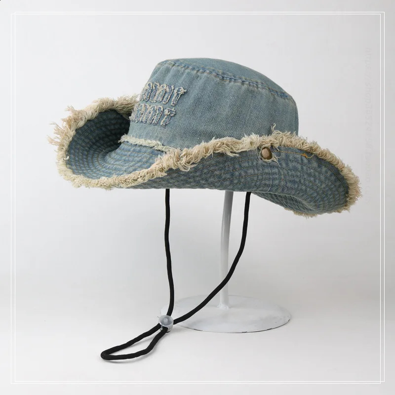 Bucket Hat Denim Jeans Men Women Summer Sun Protection Big Brim Cap Beach Accessory For Fishing Hiking Climbing Outdoor 250918