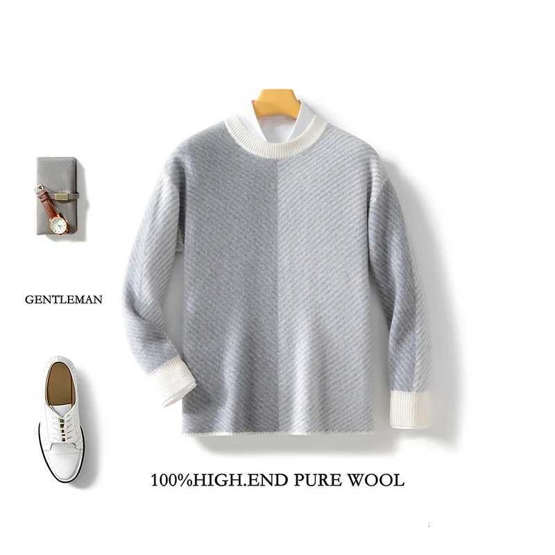 Mens 100 Merino Wool Fashion ONeck ColorBlocking Sweater Long Sleeves Pullover Cashmere Casual Comfortable Warm Clothing TopZ250918