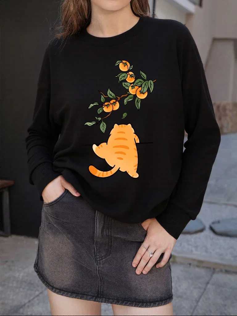 Persimmon Cartoon Orange Cat Print Sweatshirt Women Autumn Casual Sportswear Hipster Soft Pullover AllMatch Hip Hop ClothesZ250918