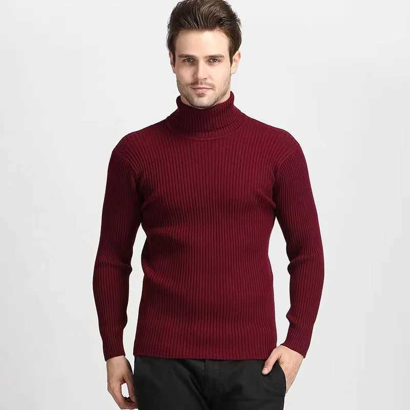 2025 Autumn and Winter Mens Turtleneck Sweater Solid Color Vertical Pattern Pullover Bottoming Shirt Fashionable Warm TopZ250918