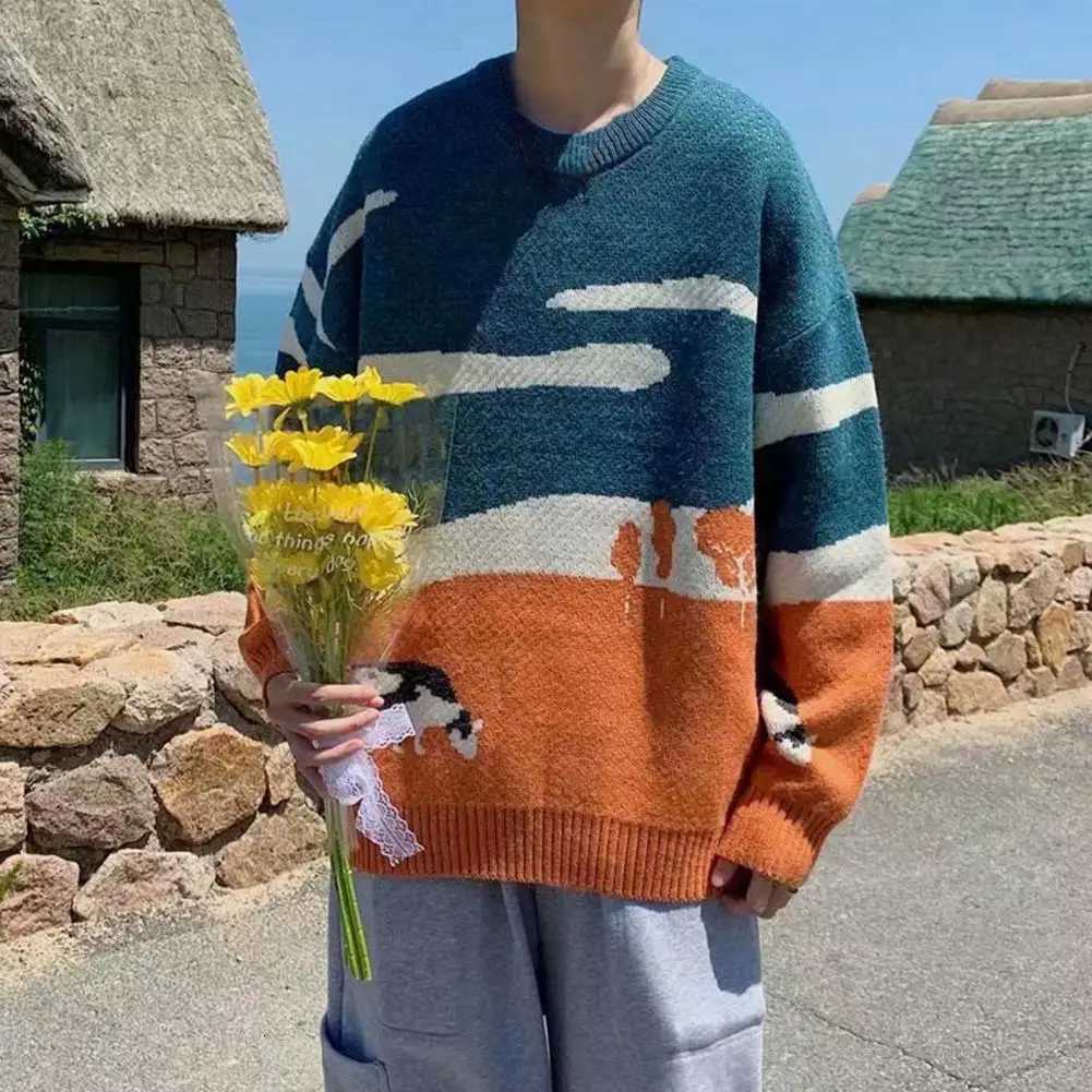 Mens Cows Print Sweaters 2025 Winter Patchwork Knitted Pullover Men ONeck Korean Fashion Sweater Women Casual Harajuku ClothesZ250918