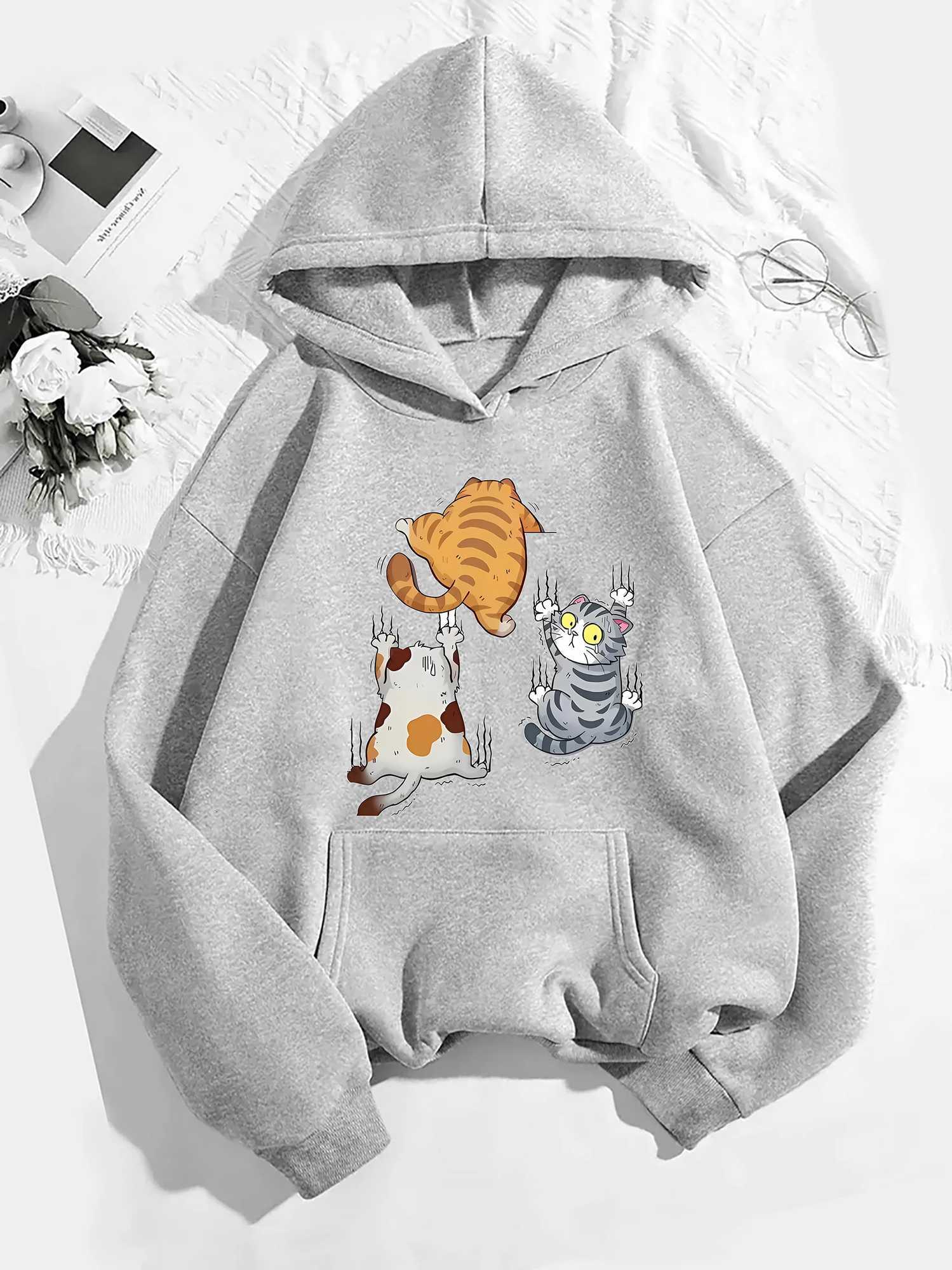 2025 Womens Cute Cartoon Cat Print Hoodie Casual Sporty Pullover Sweatshirt Autumn Winter Warm Pullovers Casual HoodieZ250918