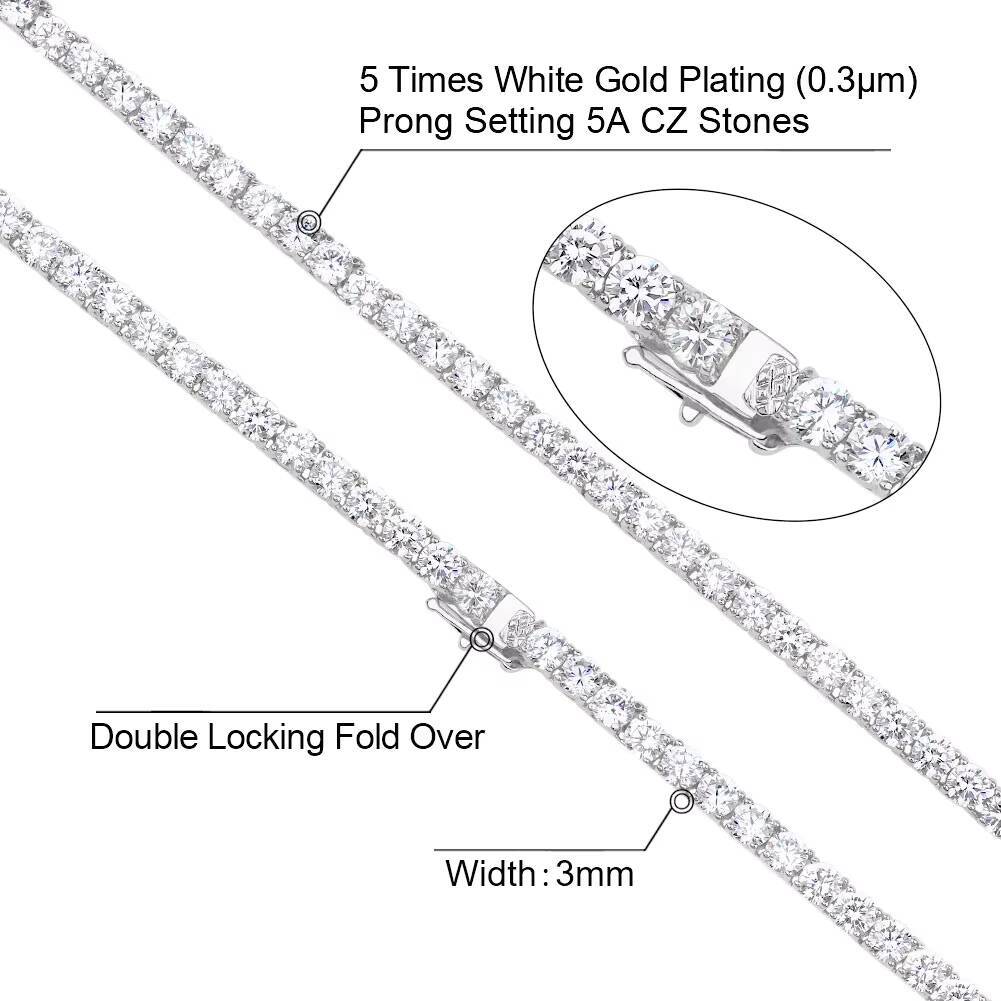 KRKC Hip Hop Jewelry 20inch 3mm 14k Gold Silver Iced Out Jewelry Aaaaa Cz Diamond Tennis Chain Necklace for Women and Men