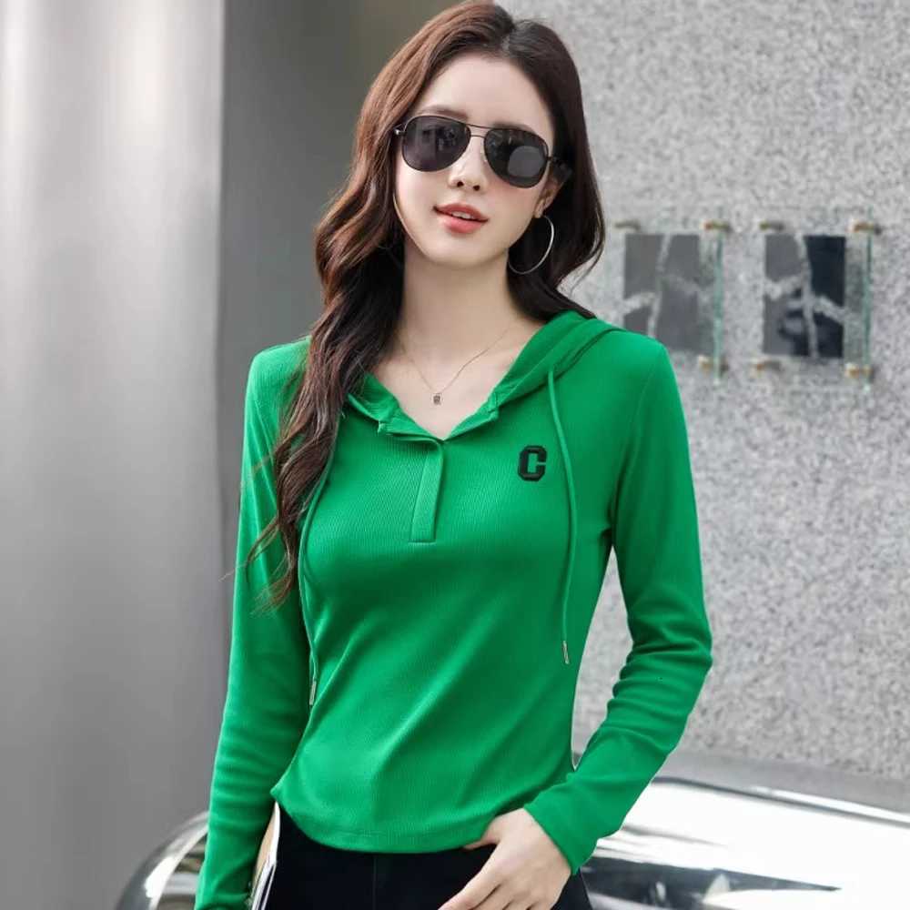 Green hooded long sleeved tshirt womens autumn and winter half zipper embroidered sports shirt casual plus size short topZ250918