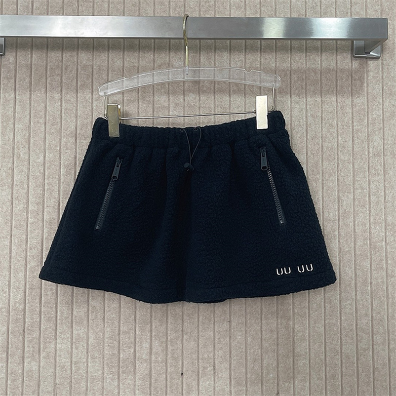 Women Black Fleece Skirts Preppy Style Letter Embroidered Mini Skirt Casual A Line Skirt