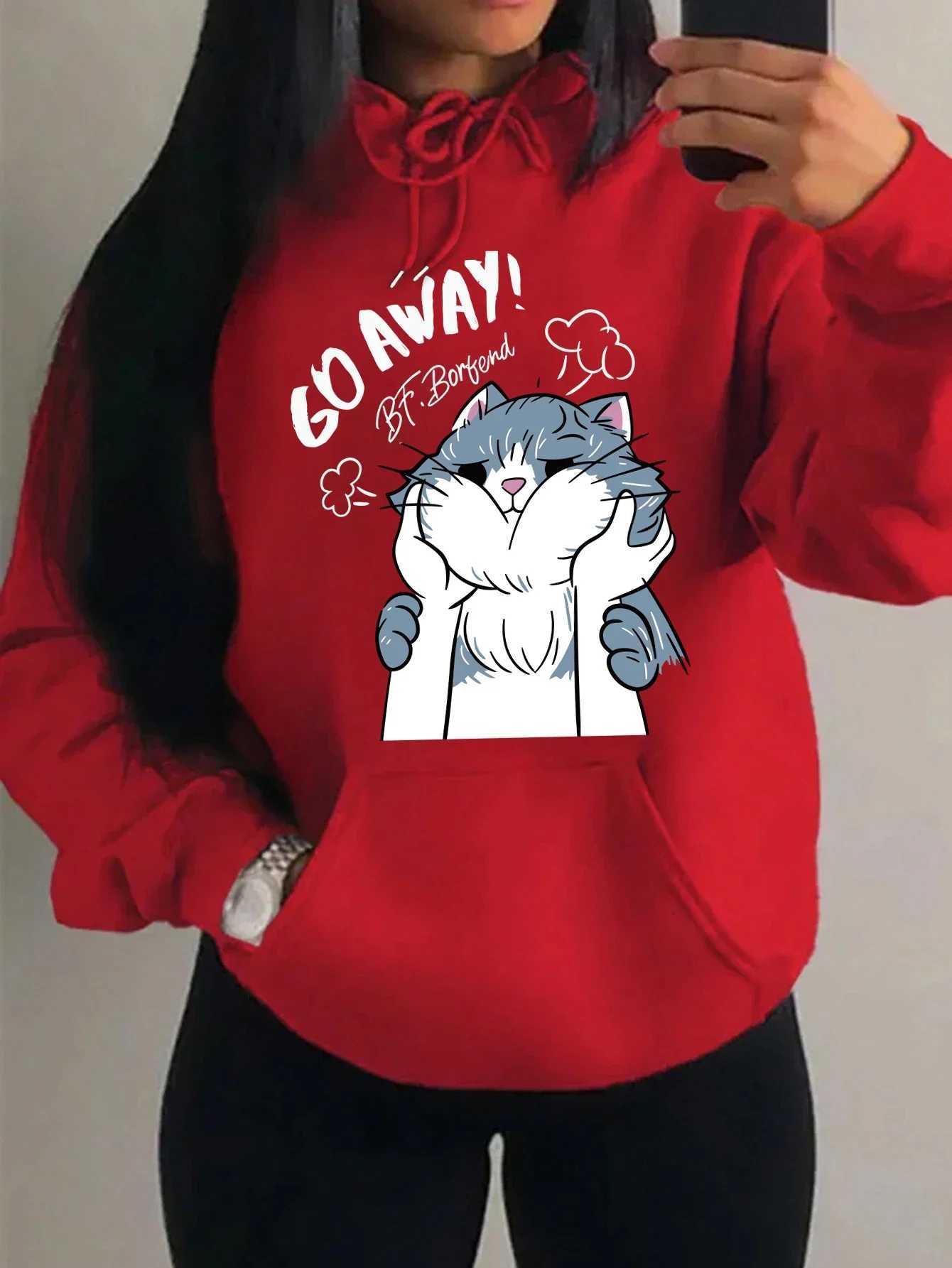 Go Away The Touched Cartoon Cat Printing Women Hoodie Casual 2025 Winter Hoodies Sweatshirt Comfortable Fleece SportswearZ250918