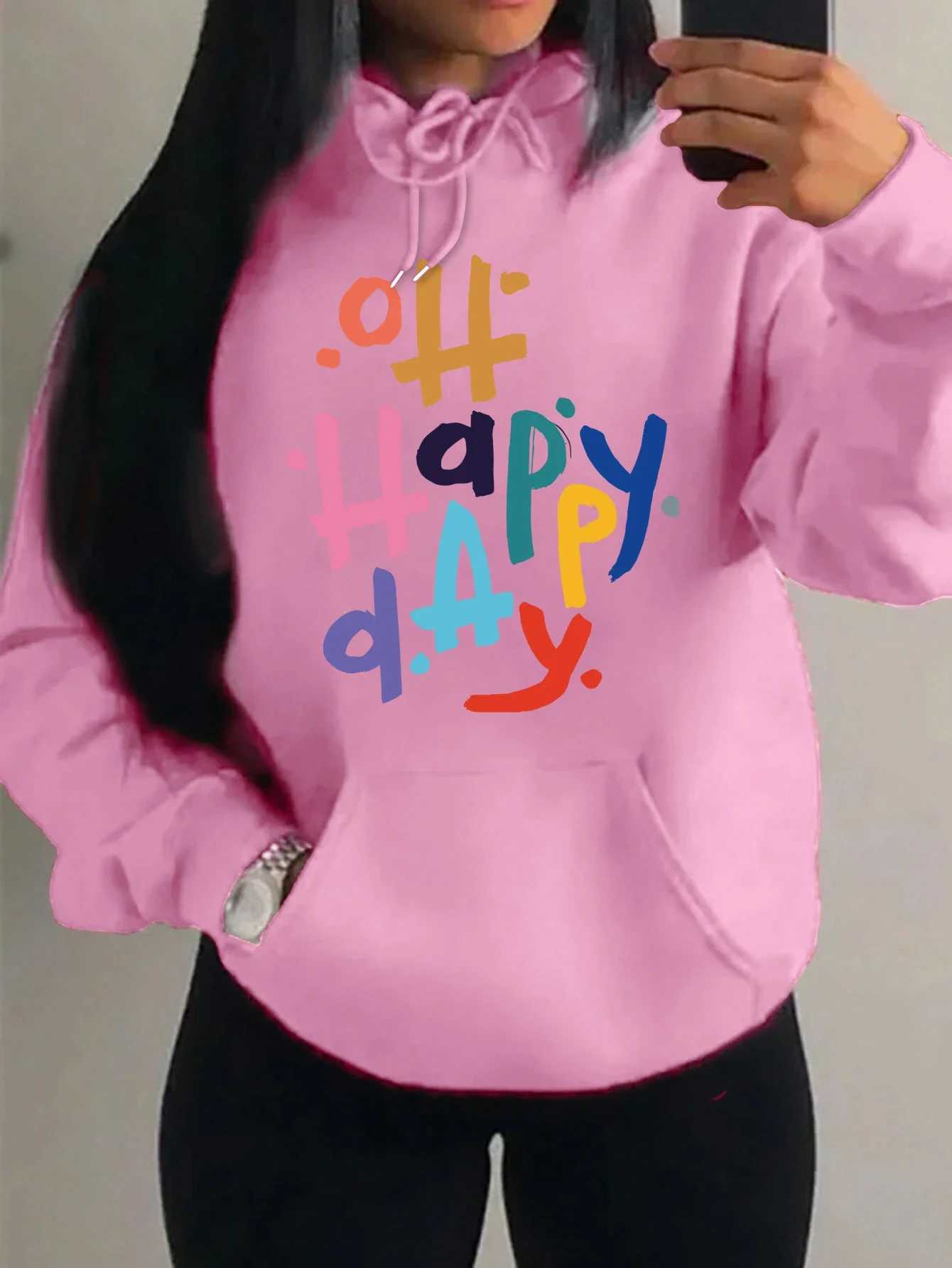 Happy Day Colorful Art Letter Printing Womens Hoody Hip Hop Multicolor Hoodie Fleece Autumn Pullover Pocket Female HoodiesZ250918