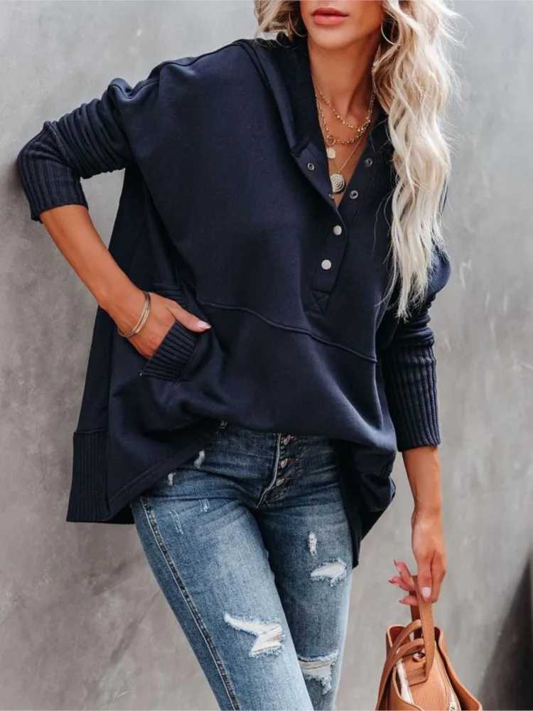 Casual Loose White Women Sweatshirt Autumn Winter Vneck Hooded Batwing Sleeve Hoodie Threaded Splicing Top For Women PulloversZ250918