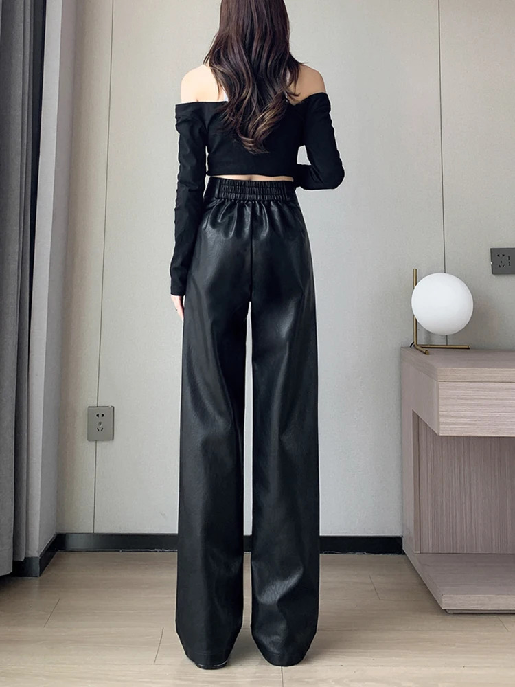 Autumn Winter Leather Pants For Women Korean Fashion Wide Leg Loose Black Trousers Woman High Waisted Pantalones 250917