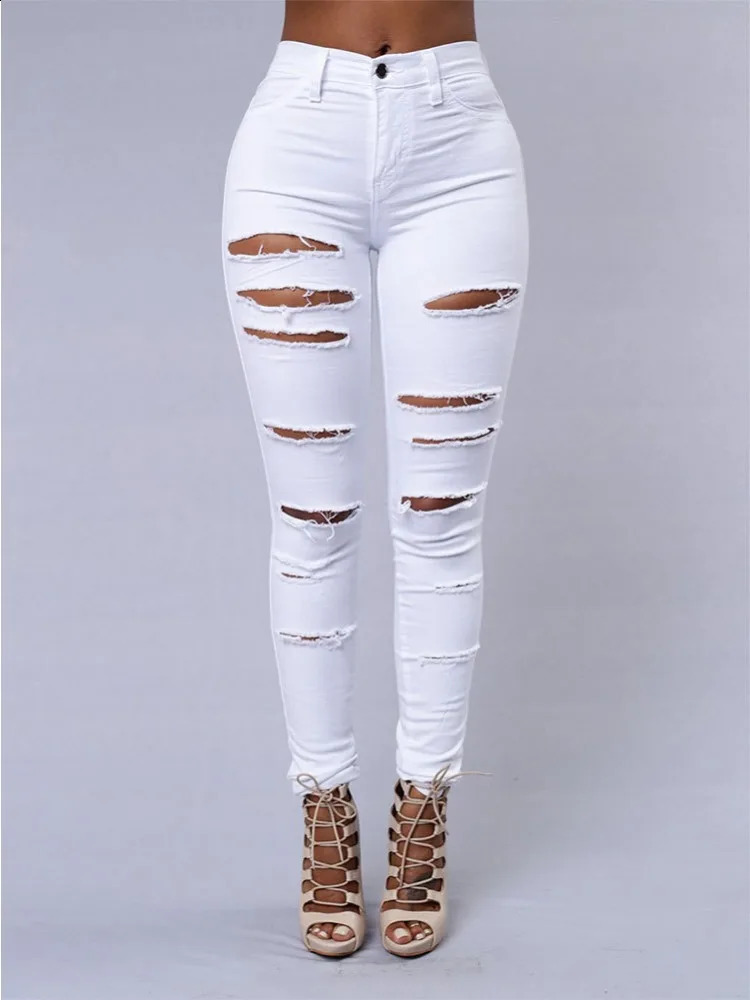Fashionable Womens Versatile Solid Color European and American Holed Jeans Minimalist Slim Fit Pencil Pants Z260313